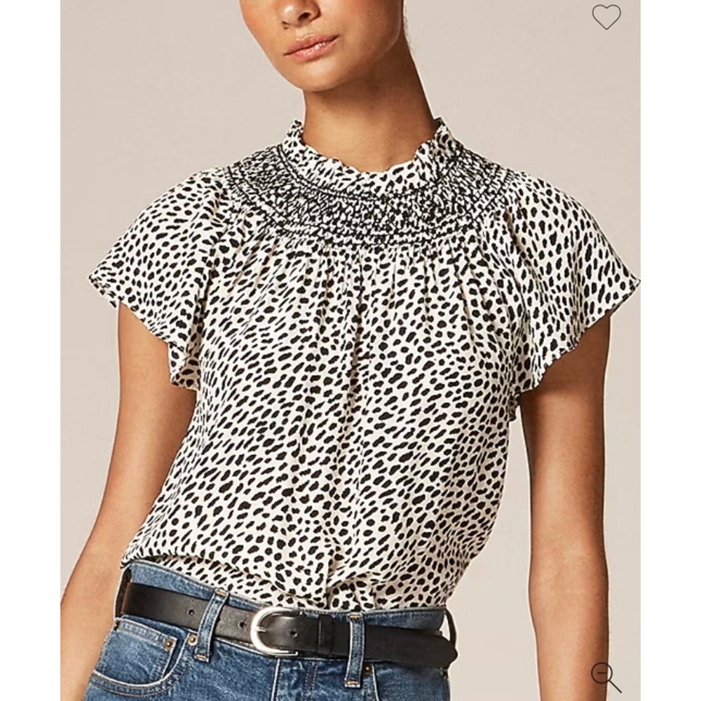 J.Crew Women XL Black Ivory Spot Print Smocked High Neck Flutter Sleeve NWT $148